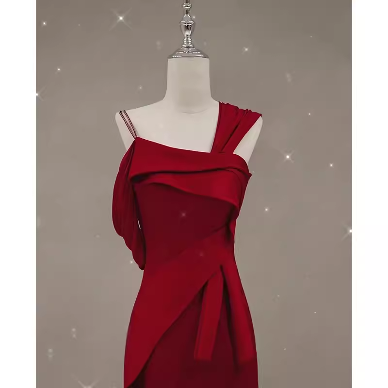 Sexy Mermaid Straps Satin Burgundy Long Prom Dresses C849