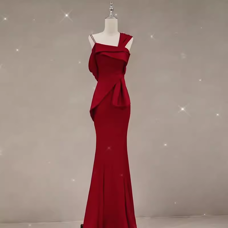 Sexy Mermaid Straps Satin Burgundy Long Prom Dresses C849