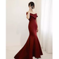 Robe de bal longue en Satin bordeaux, sexy, épaules dénudées, avec nœud papillon, C851