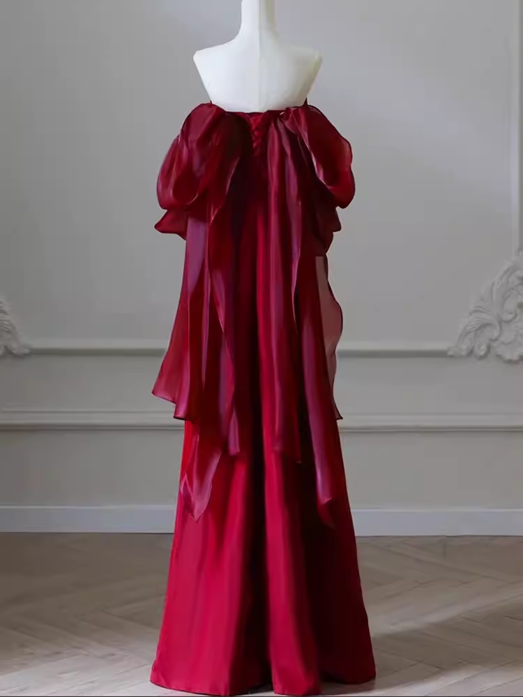 Robe de bal sexy sirène, épaules dénudées, manches courtes, satin bordeaux, C856