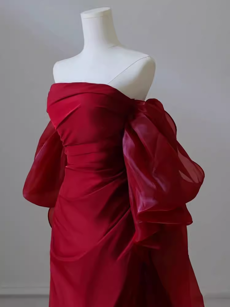 Robe de bal sexy sirène, épaules dénudées, manches courtes, satin bordeaux, C856