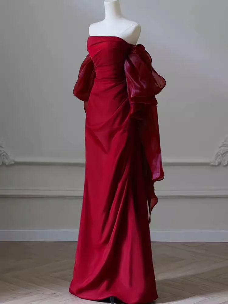 Robe de bal sexy sirène, épaules dénudées, manches courtes, satin bordeaux, C856