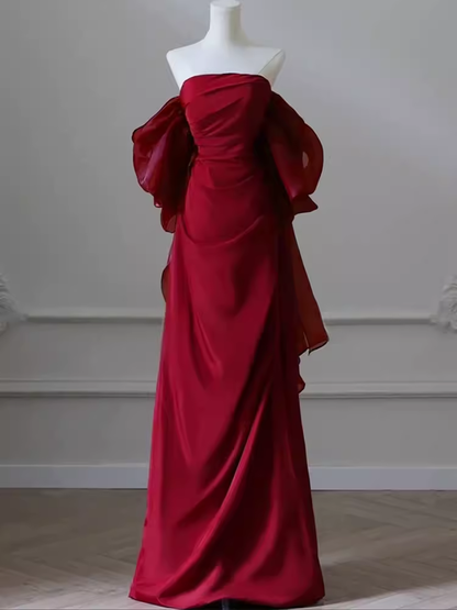 Robe de bal sexy sirène, épaules dénudées, manches courtes, satin bordeaux, C856