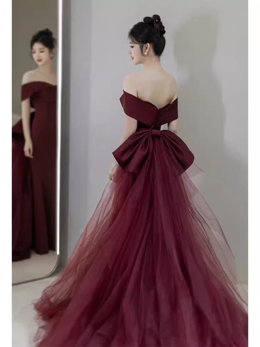 Robe de bal en Satin bordeaux, Sexy, épaules dénudées, manches courtes, tenues d'anniversaire, C859