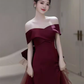 Sexy Mermaid Off The Shoulder Short Sleeves Burgundy Prom Dress Satin Birthday Outfits C859