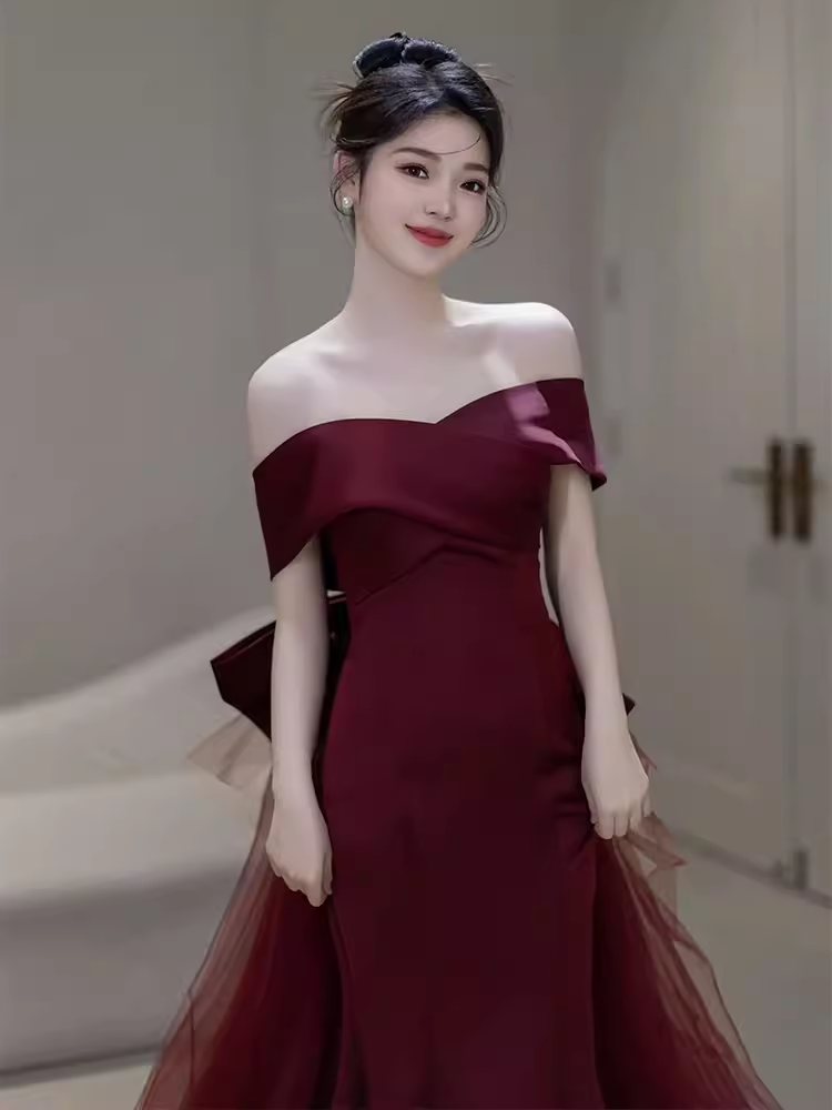 Sexy Mermaid Off The Shoulder Short Sleeves Burgundy Prom Dress Satin Birthday Outfits C859