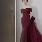 Sexy Mermaid Off The Shoulder Short Sleeves Burgundy Prom Dress Satin Birthday Outfits C859