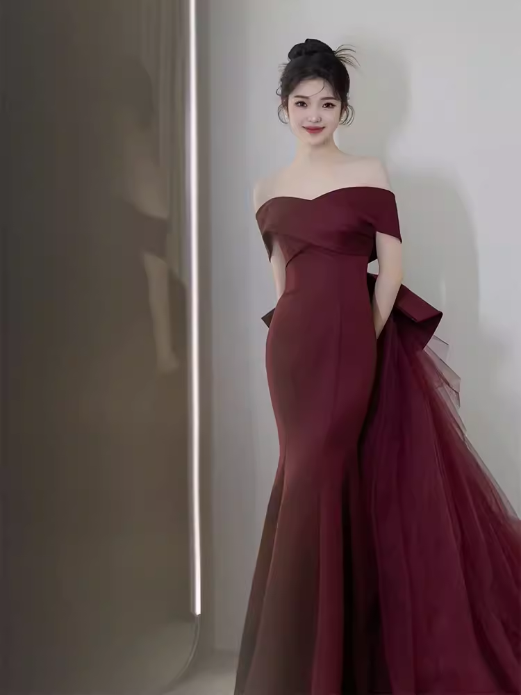 Sexy Mermaid Off The Shoulder Short Sleeves Burgundy Prom Dress Satin Birthday Outfits C859