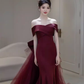 Sexy Mermaid Off The Shoulder Short Sleeves Burgundy Prom Dress Satin Birthday Outfits C859