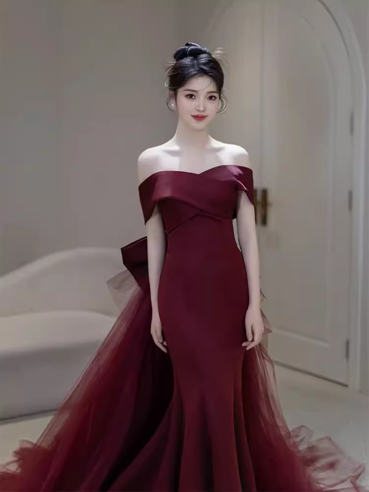 Sexy Mermaid Off The Shoulder Short Sleeves Burgundy Prom Dress Satin Birthday Outfits C859