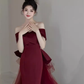 Sexy Mermaid Off The Shoulder Short Sleeves Burgundy Prom Dress Satin Birthday Outfits C859