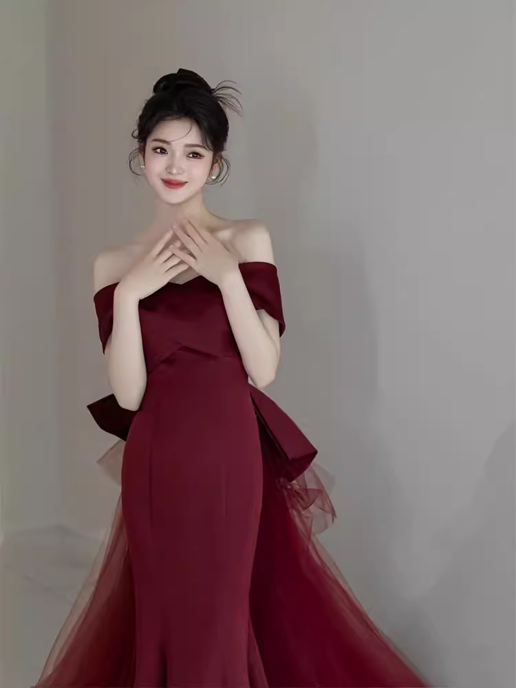 Sexy Mermaid Off The Shoulder Short Sleeves Burgundy Prom Dress Satin Birthday Outfits C859