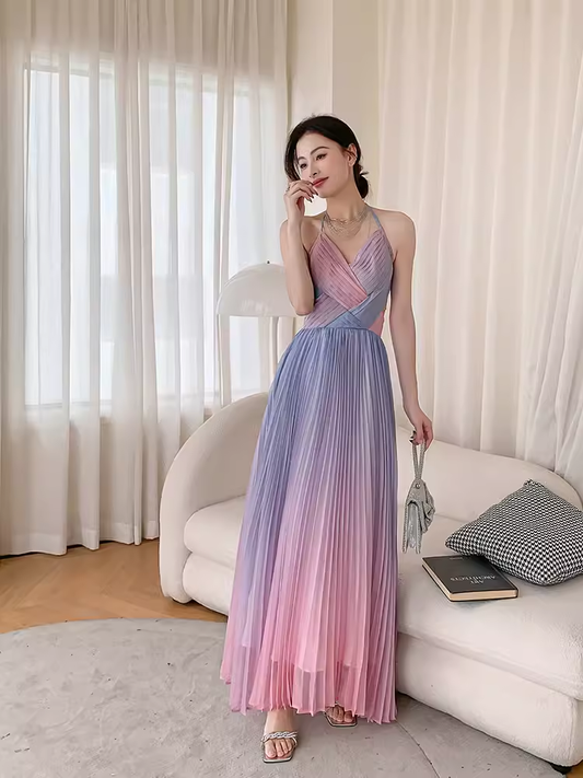 Vintage Mermaid Halter Sleeveless Ombre Pink Long Prom Dresses C85