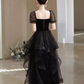 Sexy A Line Short Sleeves Black Prom Dress Tulle Birthday Outfits C860