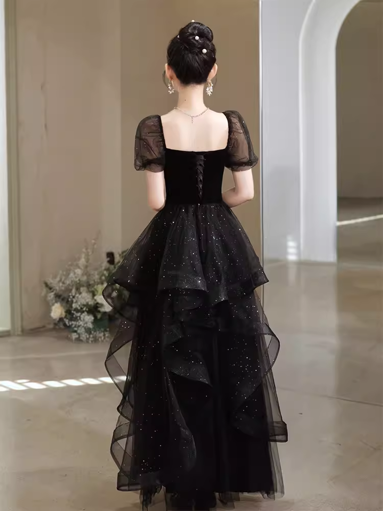 Sexy A Line Short Sleeves Black Prom Dress Tulle Birthday Outfits C860