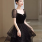 Sexy A Line Short Sleeves Black Prom Dress Tulle Birthday Outfits C860