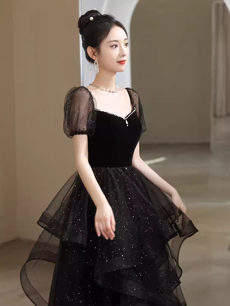 Sexy A Line Short Sleeves Black Prom Dress Tulle Birthday Outfits C860