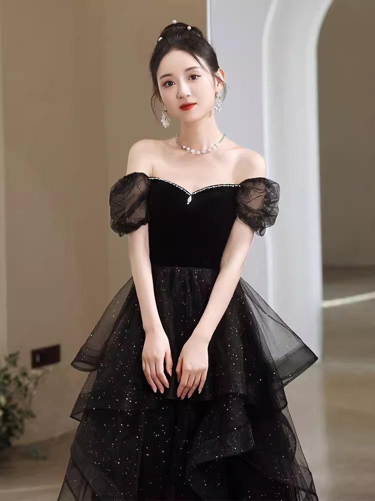 Sexy A Line Short Sleeves Black Prom Dress Tulle Birthday Outfits C860