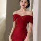 Modest Mermaid Off The Shoulder Satin Red Prom Dress Long Evening Dress C861