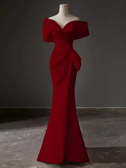 Modest Mermaid Off The Shoulder Satin Red Prom Dress Long Evening Dress C861