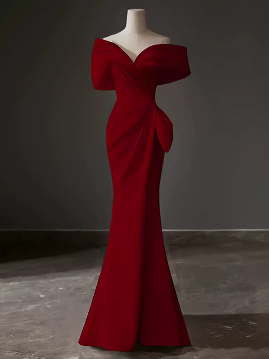 Robe de soirée longue en Satin rouge, forme sirène, épaules dénudées, modeste, C861