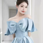 Modest A line Off The Shoulder Satin Light Sky Blue Prom Dress Long Evening Dress C862