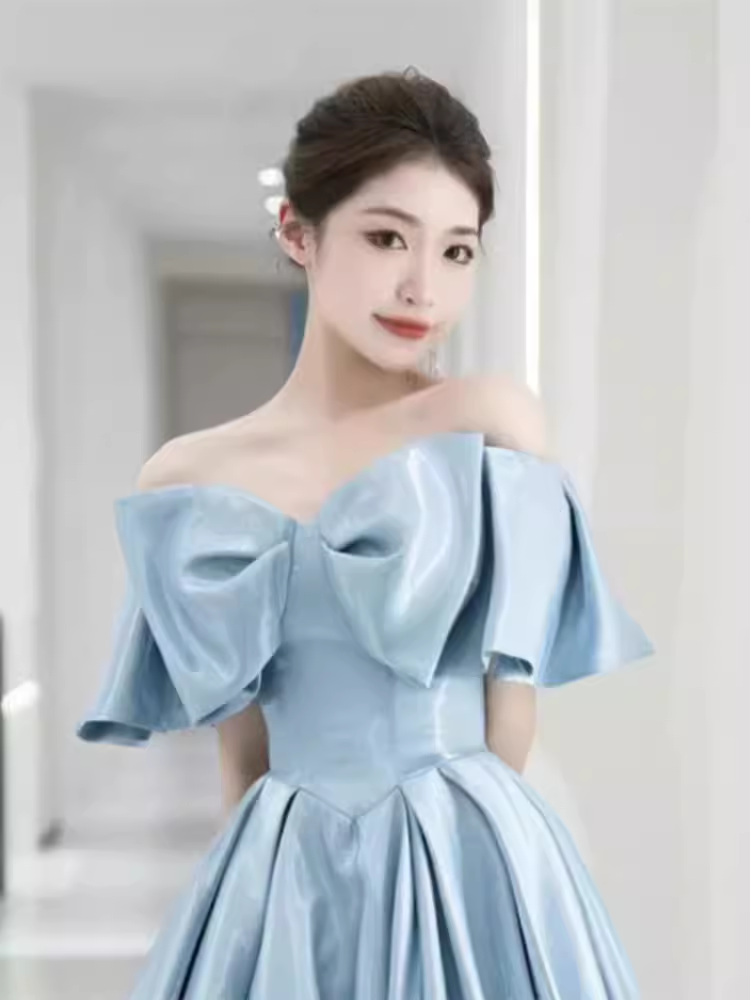 Modest A line Off The Shoulder Satin Light Sky Blue Prom Dress Long Evening Dress C862