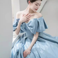 Modest A line Off The Shoulder Satin Light Sky Blue Prom Dress Long Evening Dress C862