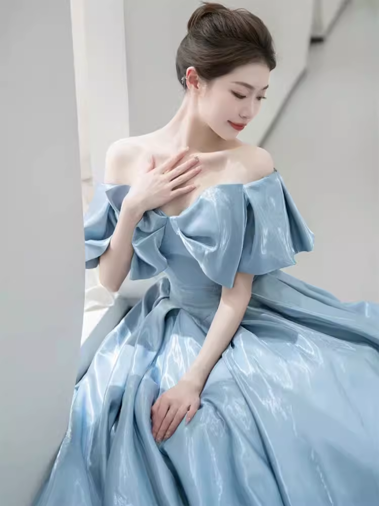 Modest A line Off The Shoulder Satin Light Sky Blue Prom Dress Long Evening Dress C862