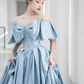 Modest A line Off The Shoulder Satin Light Sky Blue Prom Dress Long Evening Dress C862