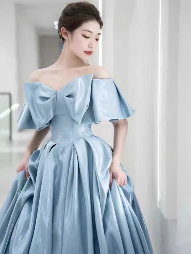 Modest A line Off The Shoulder Satin Light Sky Blue Prom Dress Long Evening Dress C862