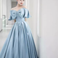 Modest A line Off The Shoulder Satin Light Sky Blue Prom Dress Long Evening Dress C862