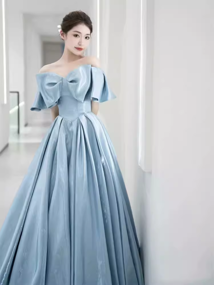 Modest A line Off The Shoulder Satin Light Sky Blue Prom Dress Long Evening Dress C862