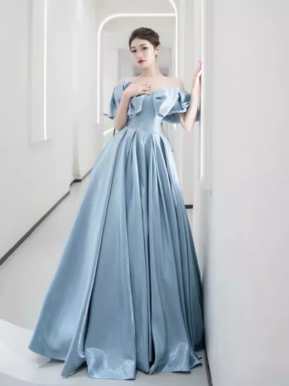 Modest A line Off The Shoulder Satin Light Sky Blue Prom Dress Long Evening Dress C862