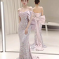 Modest Memaid Off The Shoulder Satin Sequin Prom Dress Long Evening Dress C863