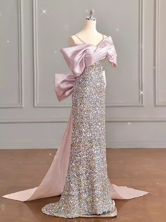 Robe de soirée longue en Satin à paillettes, modeste, épaules dénudées, robe de bal, C863