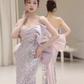 Modest Memaid Off The Shoulder Satin Sequin Prom Dress Long Evening Dress C863