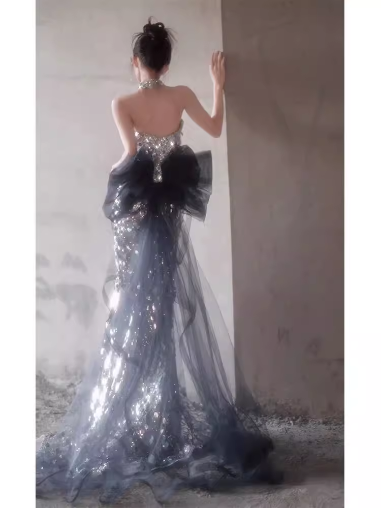 Robe de bal longue à paillettes, brillante, sans bretelles, robe de soirée argentée, C864