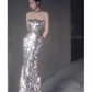 Shiny Memaid Strapless Sequin Prom Dress Long Silver Evening Dress C864