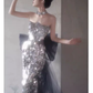 Shiny Memaid Strapless Sequin Prom Dress Long Silver Evening Dress C864