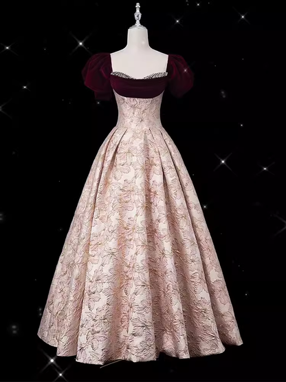 Vintage Ball Gown Strapless Velvet Burgundy Prom Dress Long Pink Evening Dress C865