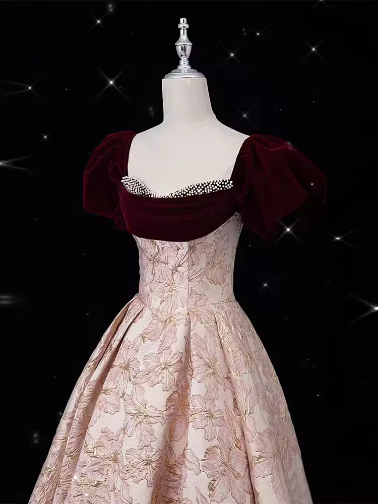 Vintage Ball Gown Strapless Velvet Burgundy Prom Dress Long Pink Evening Dress C865