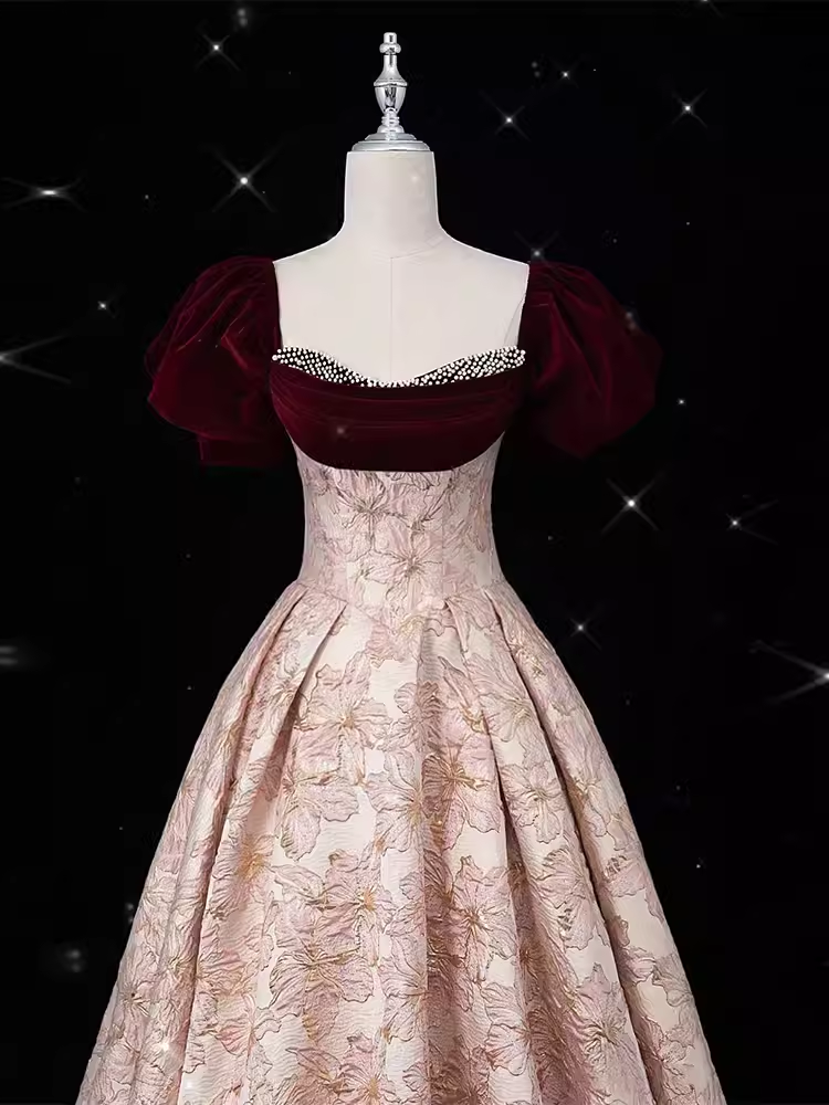 Vintage Ball Gown Strapless Velvet Burgundy Prom Dress Long Pink Evening Dress C865