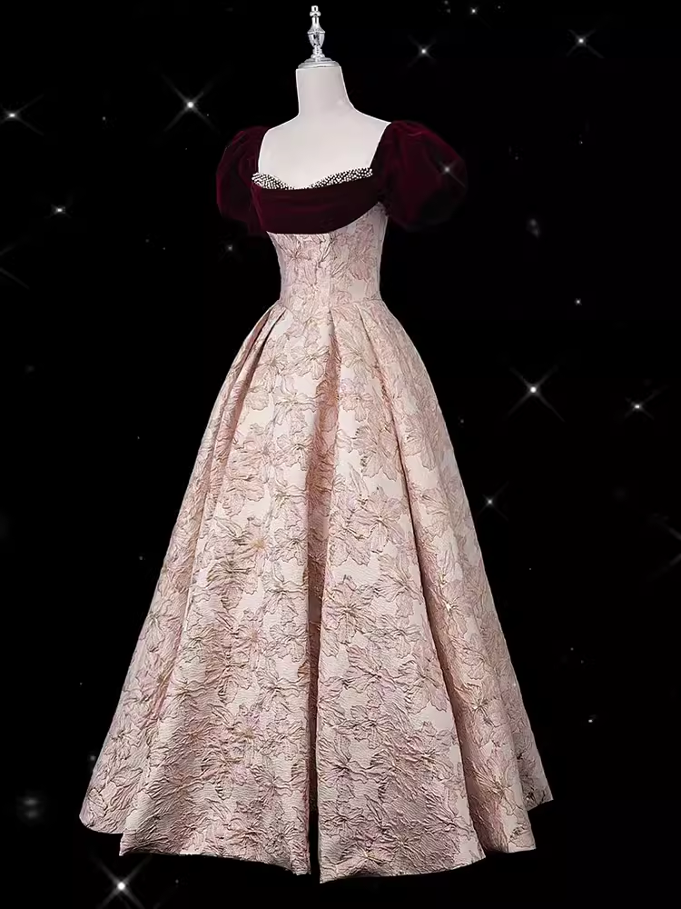 Vintage Ball Gown Strapless Velvet Burgundy Prom Dress Long Pink Evening Dress C865