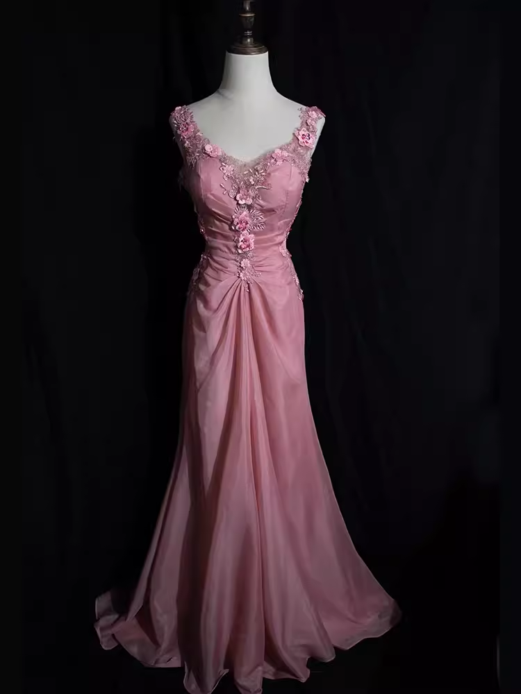 Vintage Mermaid V neckline Sleeveless Pink Long Prom Dresses C86