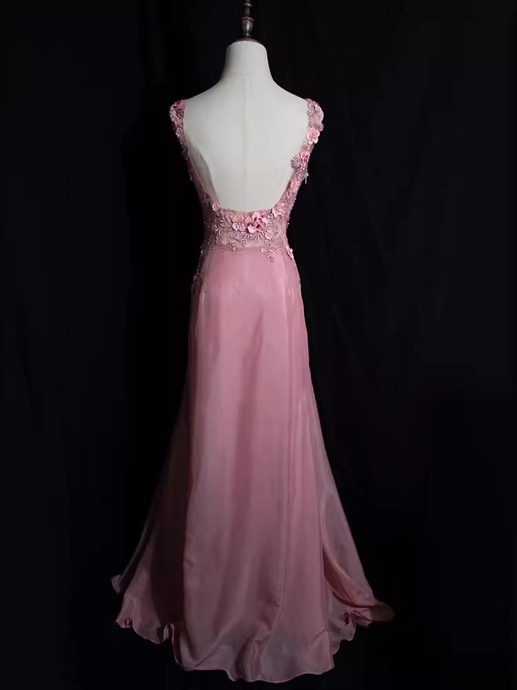 Vintage Mermaid V neckline Sleeveless Pink Long Prom Dresses C86