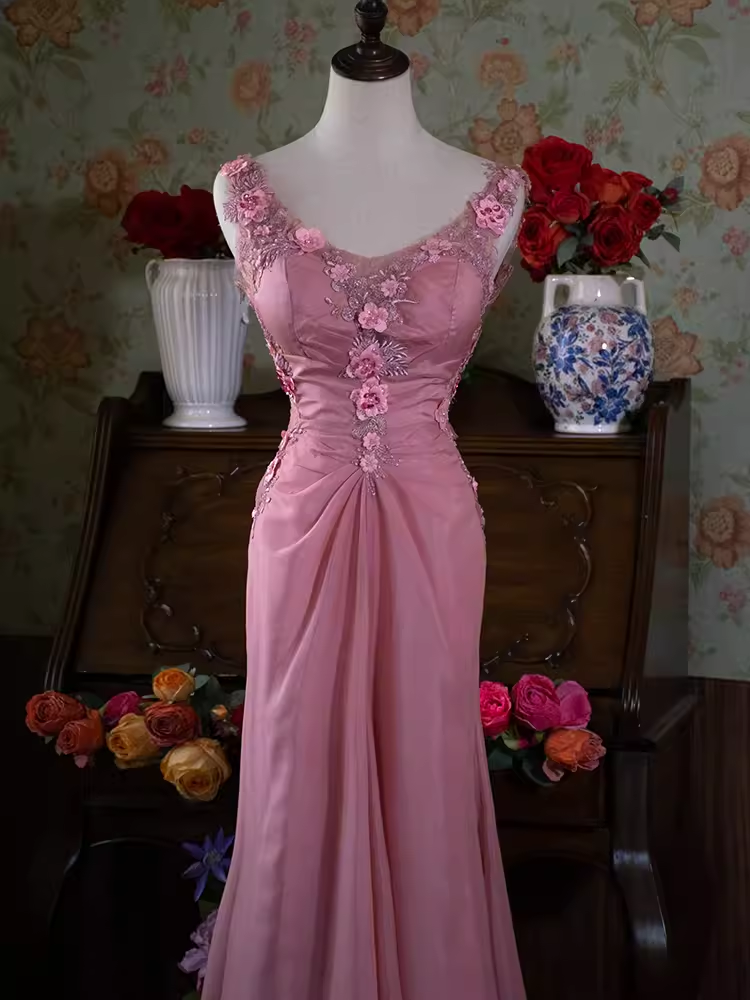 Vintage sirène décolleté en V sans manches rose longues robes de bal C86