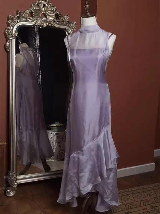 Vintage Mermaid Sleeveless Lilac Long Prom Dresses C87