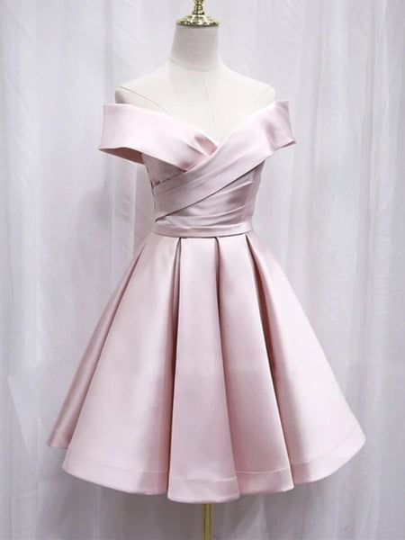 Robe de soirée courte en satin rose simple à épaules dénudées C885