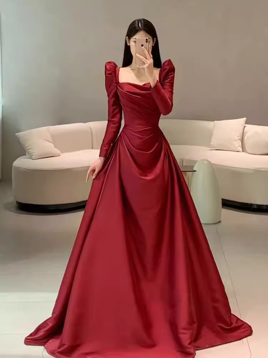 Simple Mermaid Long Sleeves Red Long Prom Dresses C88